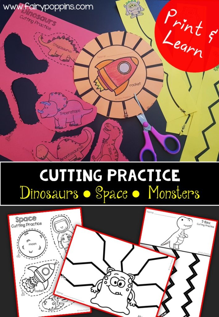 Dinosaurs, space and monsters cutting practice worksheets (fine motor) ~ Fairy Poppins