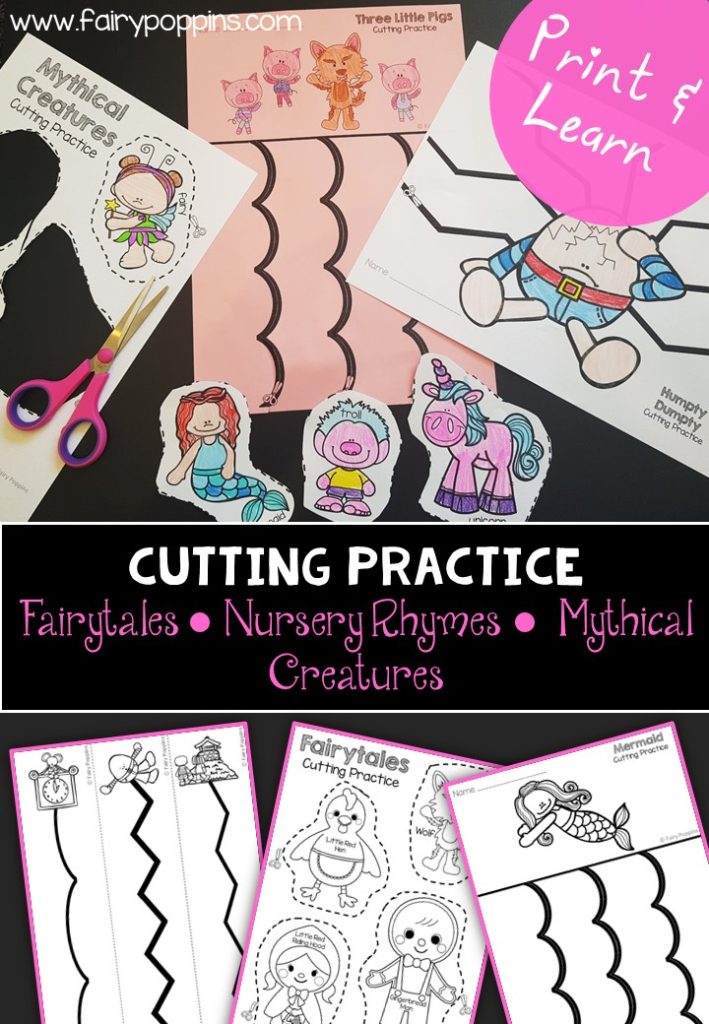 Fairytales, nursery rhymes and mythical creatures cutting practice worksheets (fine motor) ~ Fairy Poppins