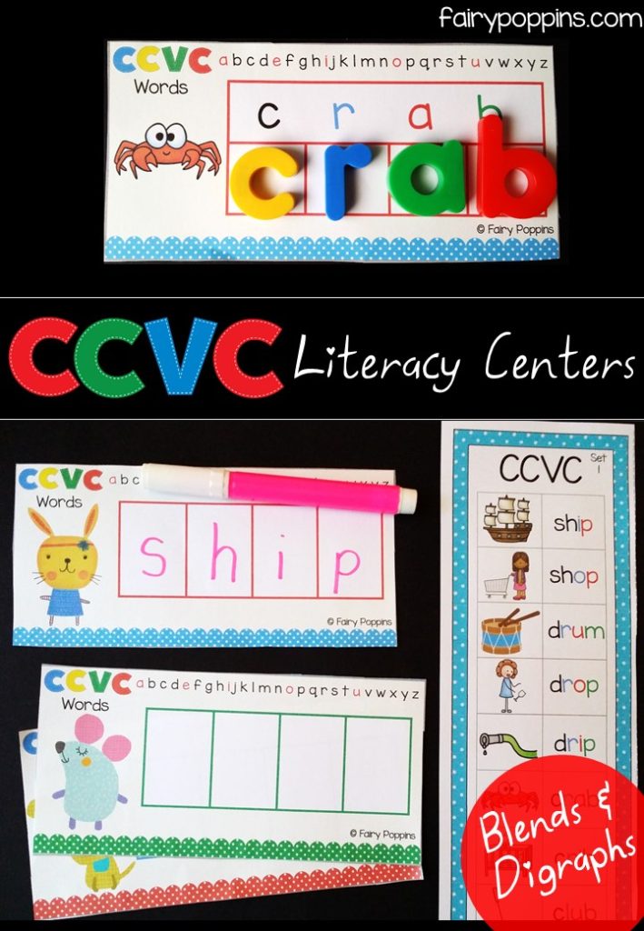 Literacy center activities using magnetic letters for CCVC (blends, digraphs) words ~ Fairy Poppins