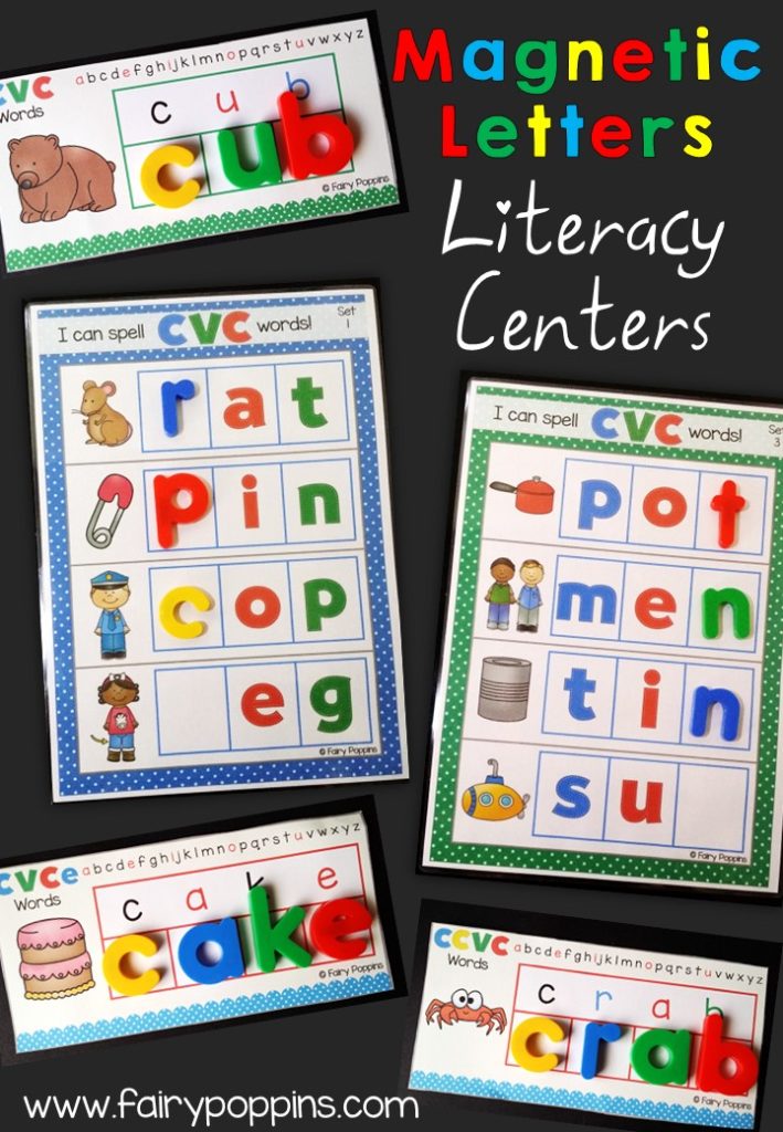 Literacy center activities using magnetic letters for CVC, CCVC (blends, digraphs) and CVCe (magic e) words ~ Fairy Poppins