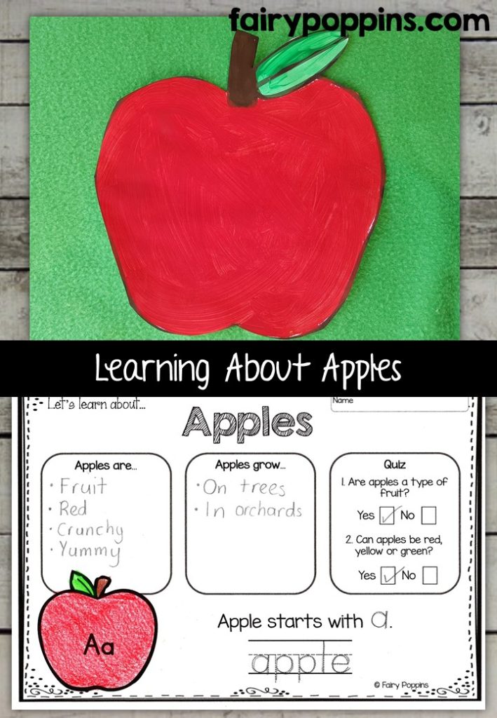 Apple craft template and worksheet activities (labeling, description, writing) - Fairy Poppins