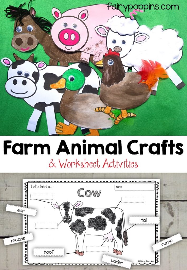 Farm animal craft templates and worksheet activities (labeling, description, writing) - Fairy Poppins