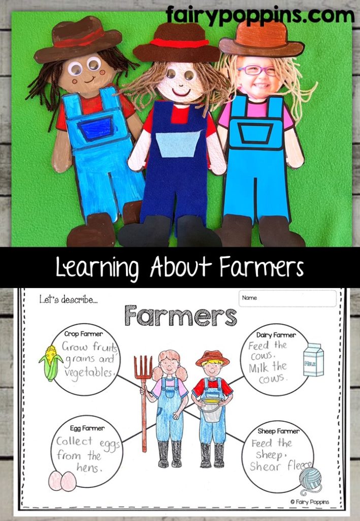 Farmer craft template and worksheet activities (labeling, description, writing) - Fairy Poppins