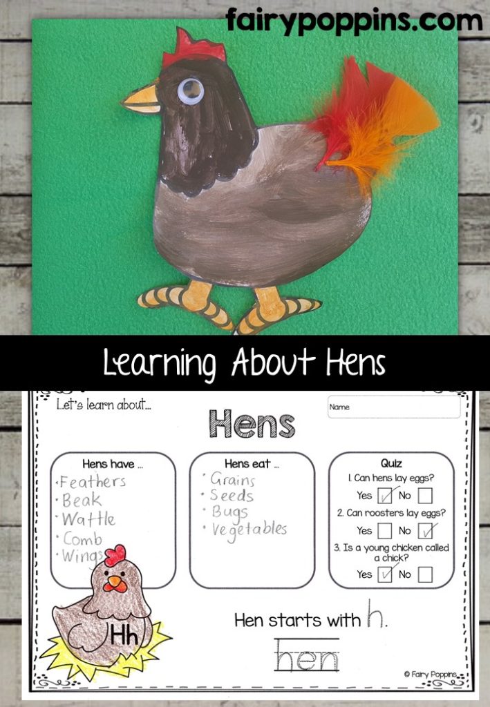 Hen craft template and worksheet activities (labeling, description, writing) - Fairy Poppins