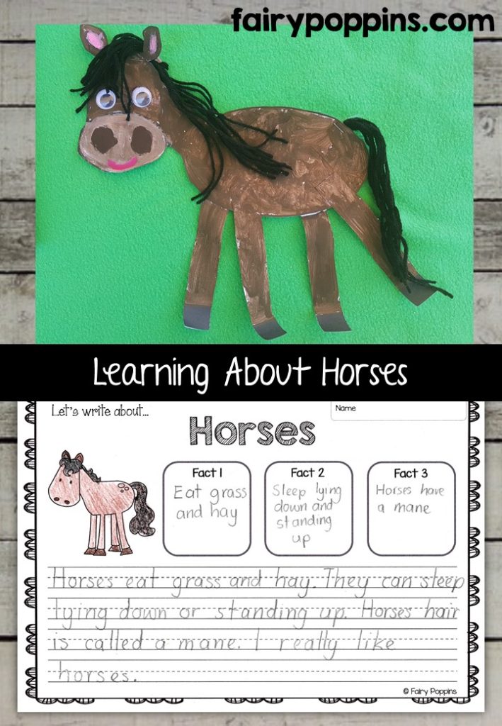 Horse craft template and worksheet activities (labeling, description, writing) - Fairy Poppins