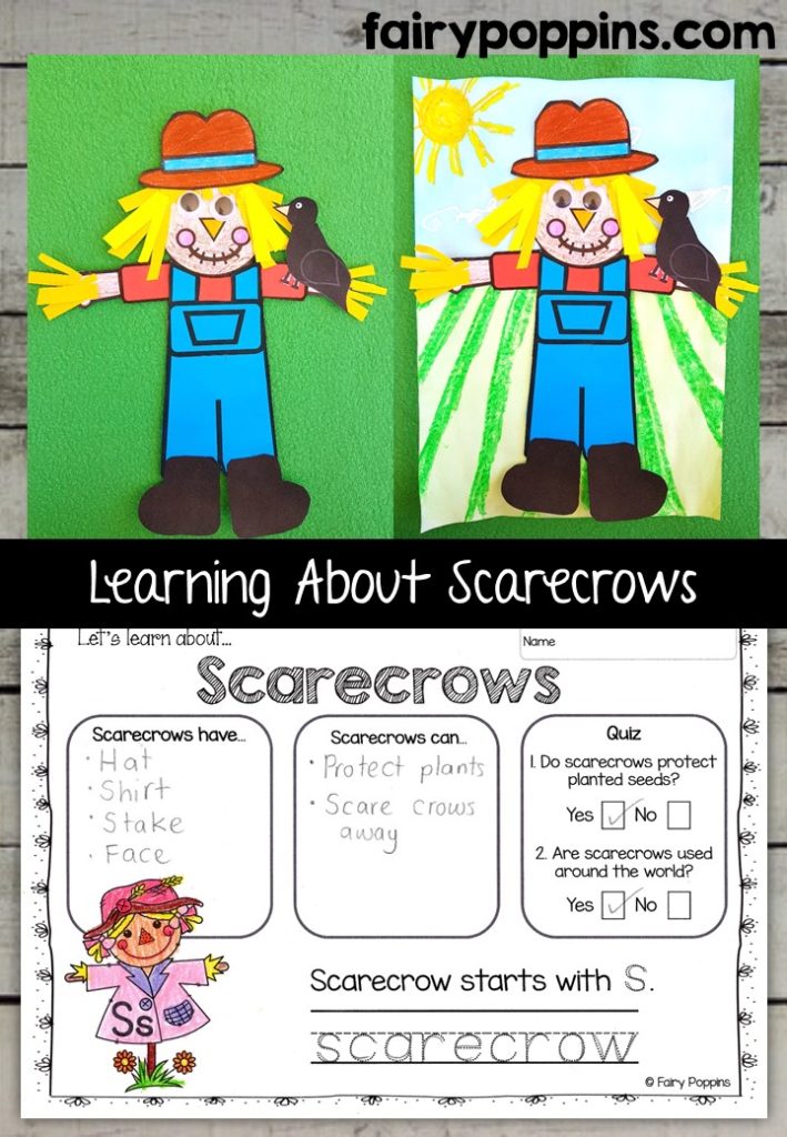 Scarecrow craft template and worksheet activities (labeling, description, writing) - Fairy Poppins