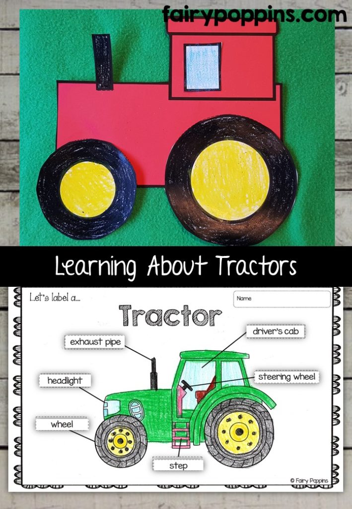 Tractor craft template and worksheet activities (labeling, description, writing) - Fairy Poppins