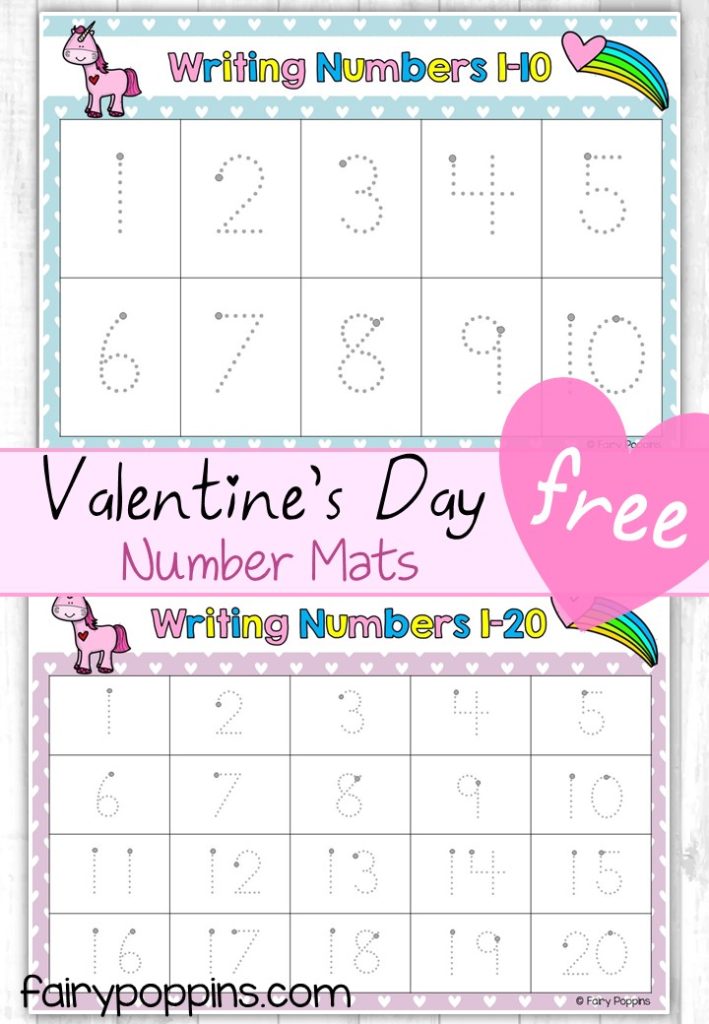 Cute write and wipe number mats featuring numbers up to 20. Perfect for kids who love unicorns or Valentine's Day. ~ Fairy Poppins