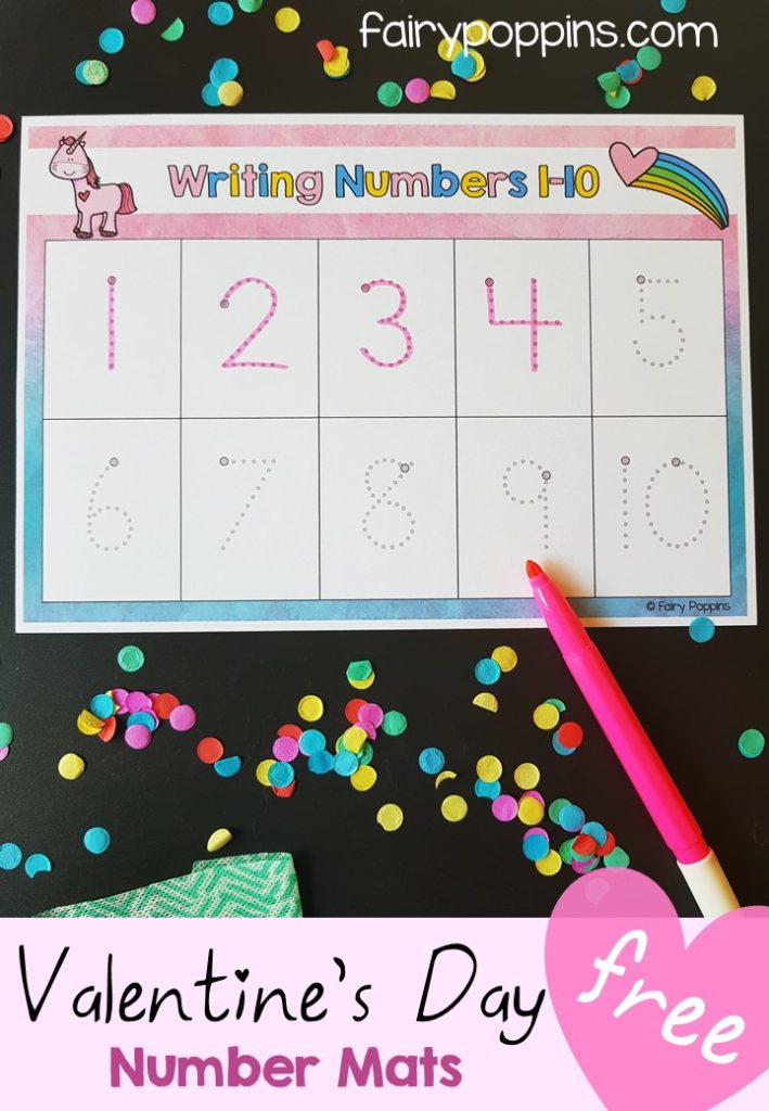 Cute write and wipe number mats featuring numbers up to 20. Perfect for kids who love unicorns or Valentine's Day. ~ Fairy Poppins