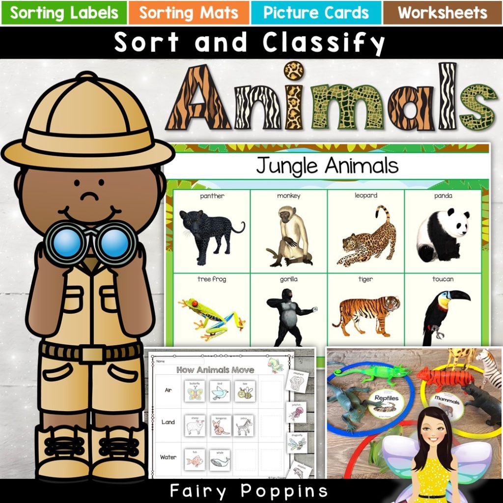 Animal sort and classify labels, mats and worksheet activities ~ Fairy Poppins