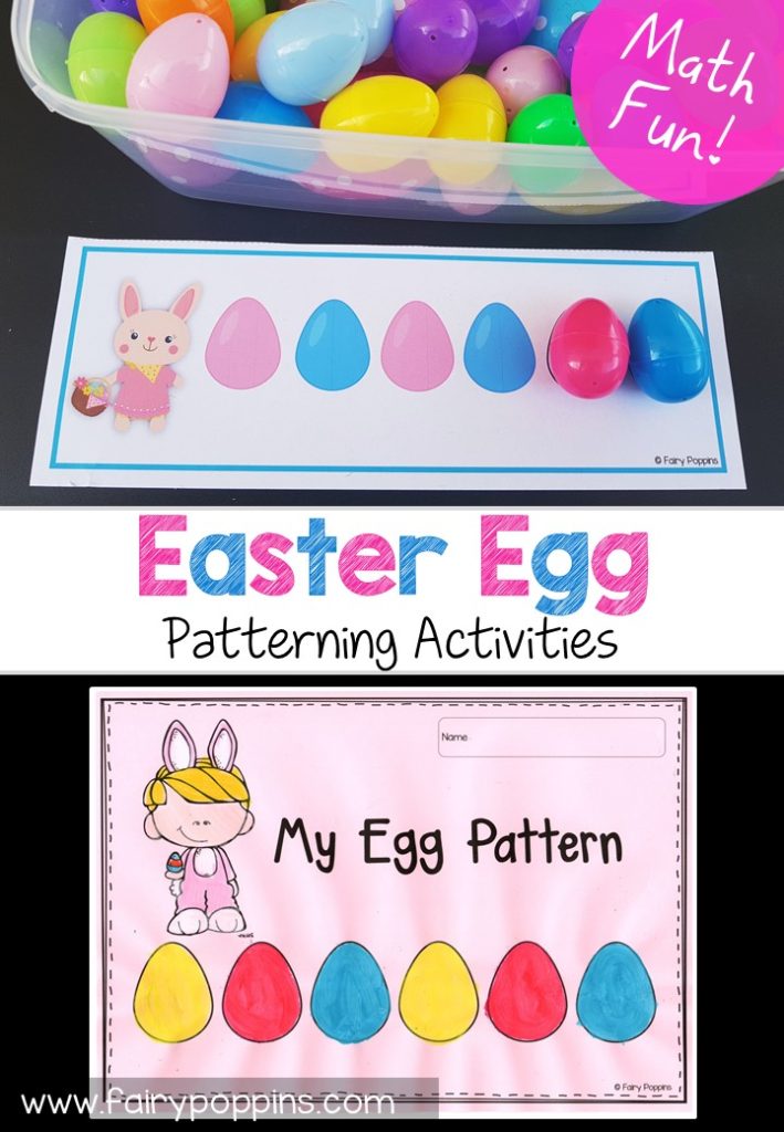 Patterning cards and worksheets to use with plastic Easter eggs. Great for math centers. ~ Fairy Poppins