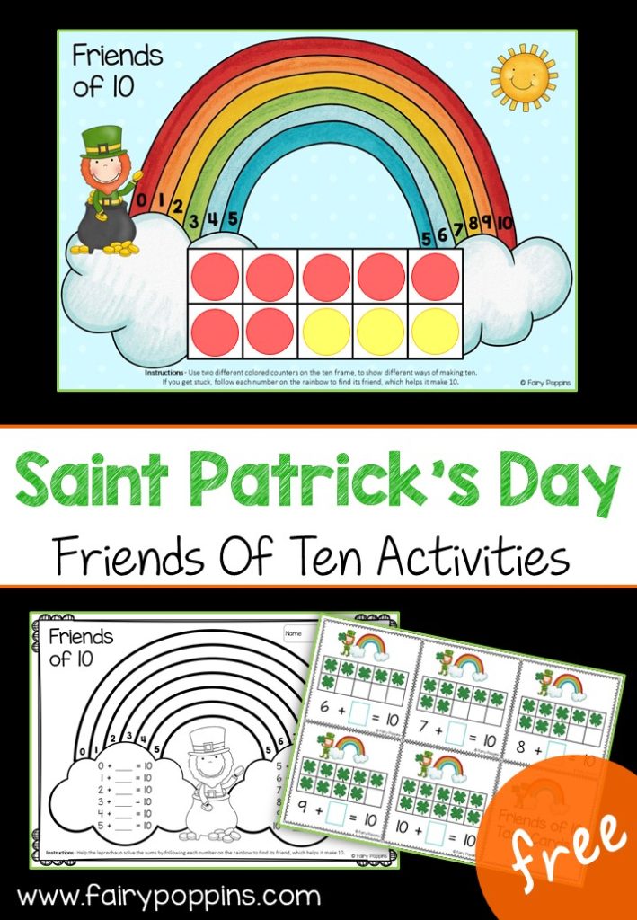 Free friends of ten task cards, worksheet and partitioning craft. Saint Patrick's day activities~Fairy Poppins