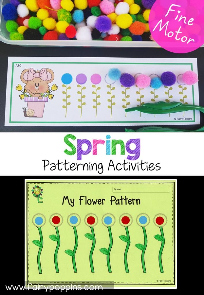 Spring patterning cards, activities and worksheets. Great for developing fine motor skills. Also suitable for math centers. ~ Fairy Poppins