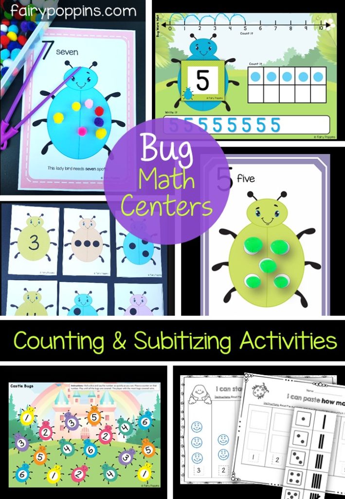 Bug math centers which focus on counting and subitizing. Great activities for a bug themed unit. ~ Fairy Poppins