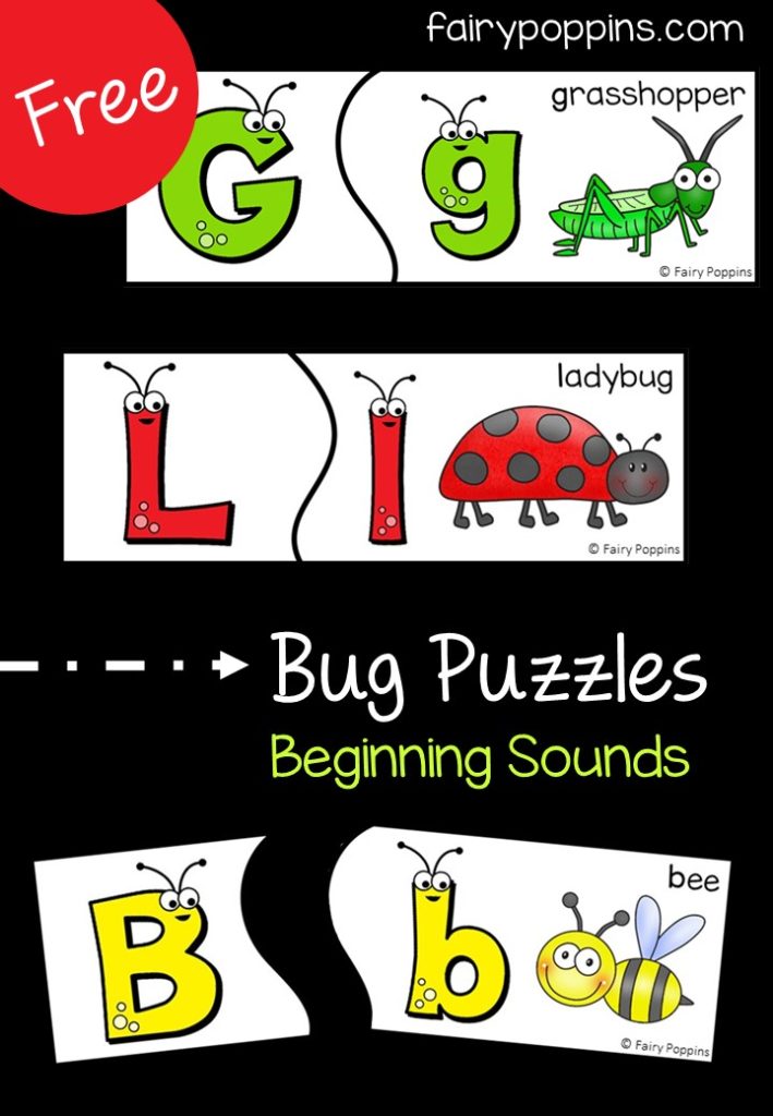 Free bug puzzles which focus on beginning sounds and learning bug vocabulary. Perfect activity for a bug unit. ~ Fairy Poppins