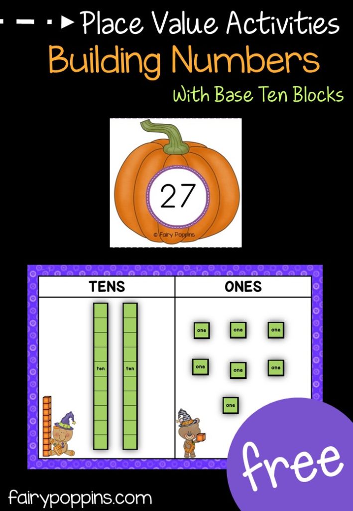 Free pumpkin place value activities for kindergarten and first grade. Great for Halloween and math centers ~ Fairy Poppins