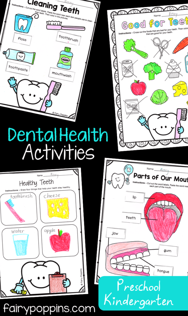 Dental activities for kids in preschool, kindergarten, first grade and second grade. Includes crafts, worksheets and sorting activities. Focuses on topics like brushing teeth, parts of a tooth and nutrition. ~ Fairy Poppins #dentalweek #dentalactivities #teethcrafts