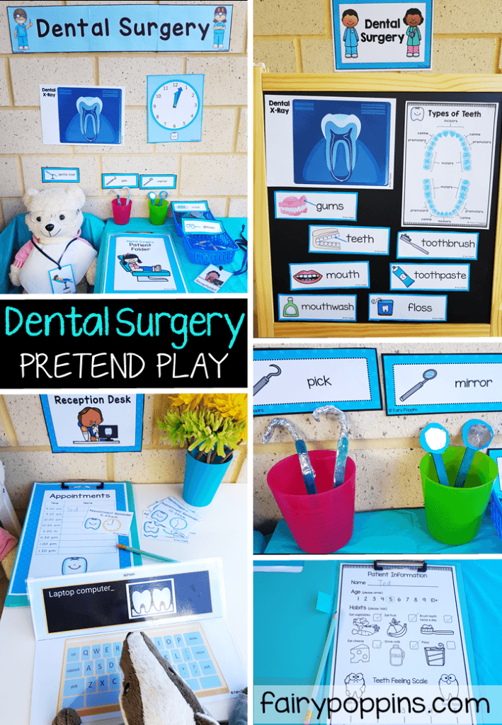 Dental Surgery dramatic play center for preschool, kindergarten or first grade. Learn about how to have healthy teeth through pretend play. Great for a dental unit or dental week. #dramaticplay #pretendplay #dentalactivities #fairypoppinsresources