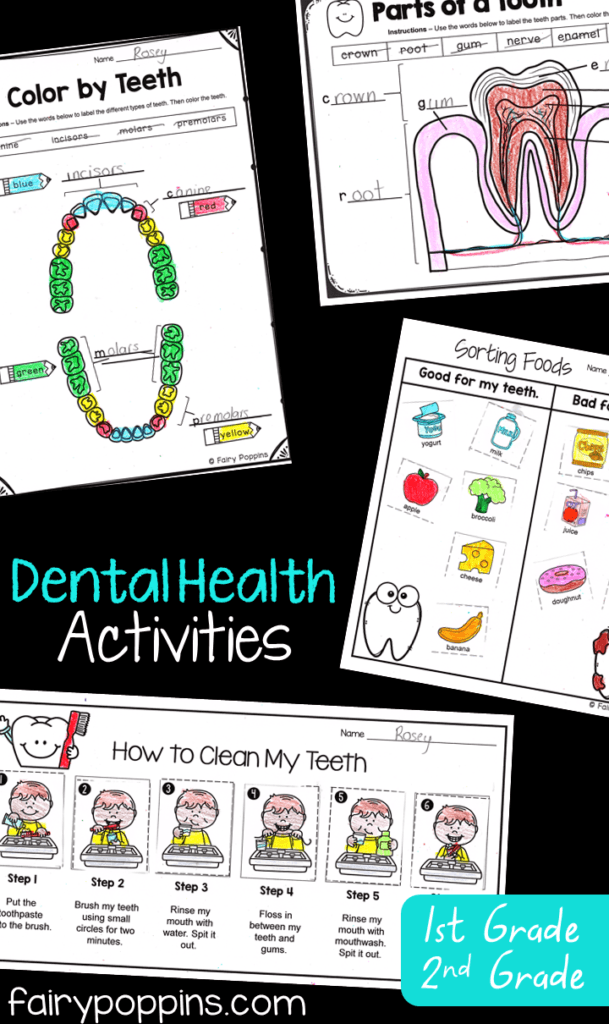 Dental activities for kids in preschool, kindergarten, first grade and second grade. Includes crafts, worksheets and sorting activities. Focuses on topics like brushing teeth, parts of a tooth and nutrition. ~ Fairy Poppins #dentalweek #dentalactivities #teethcrafts