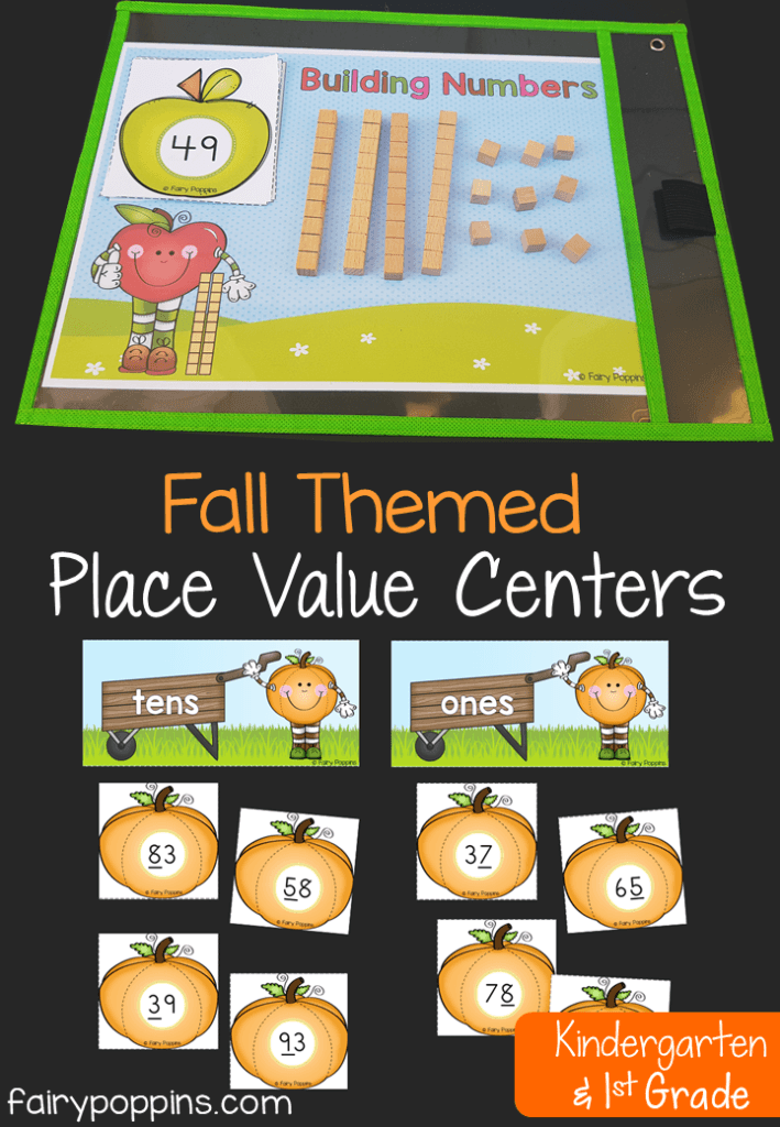 Fall place value centers and worksheets for kindergarten and first grade. Features apple and pumpkin themed activities. ~ Fairy Poppins