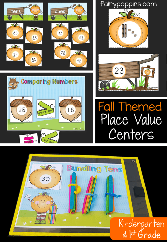 Fall place value centers and worksheets for kindergarten and first grade. Features apple and pumpkin themed activities. ~ Fairy Poppins