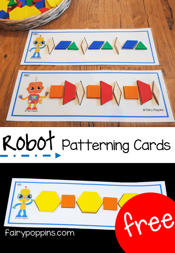 Free patterning mats to use with pattern blocks. Great for preschool and kindergarten math centers. #fairypoppins #fairypoppinsresources