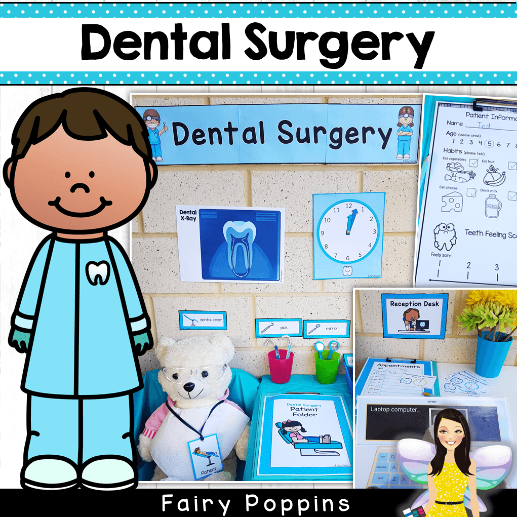 Dental Surgery dramatic play center for preschool, kindergarten or first grade. Learn about how to have healthy teeth through pretend play. Great for a dental unit or dental week. #dramaticplay #pretendplay #dentalactivities #fairypoppinsresources