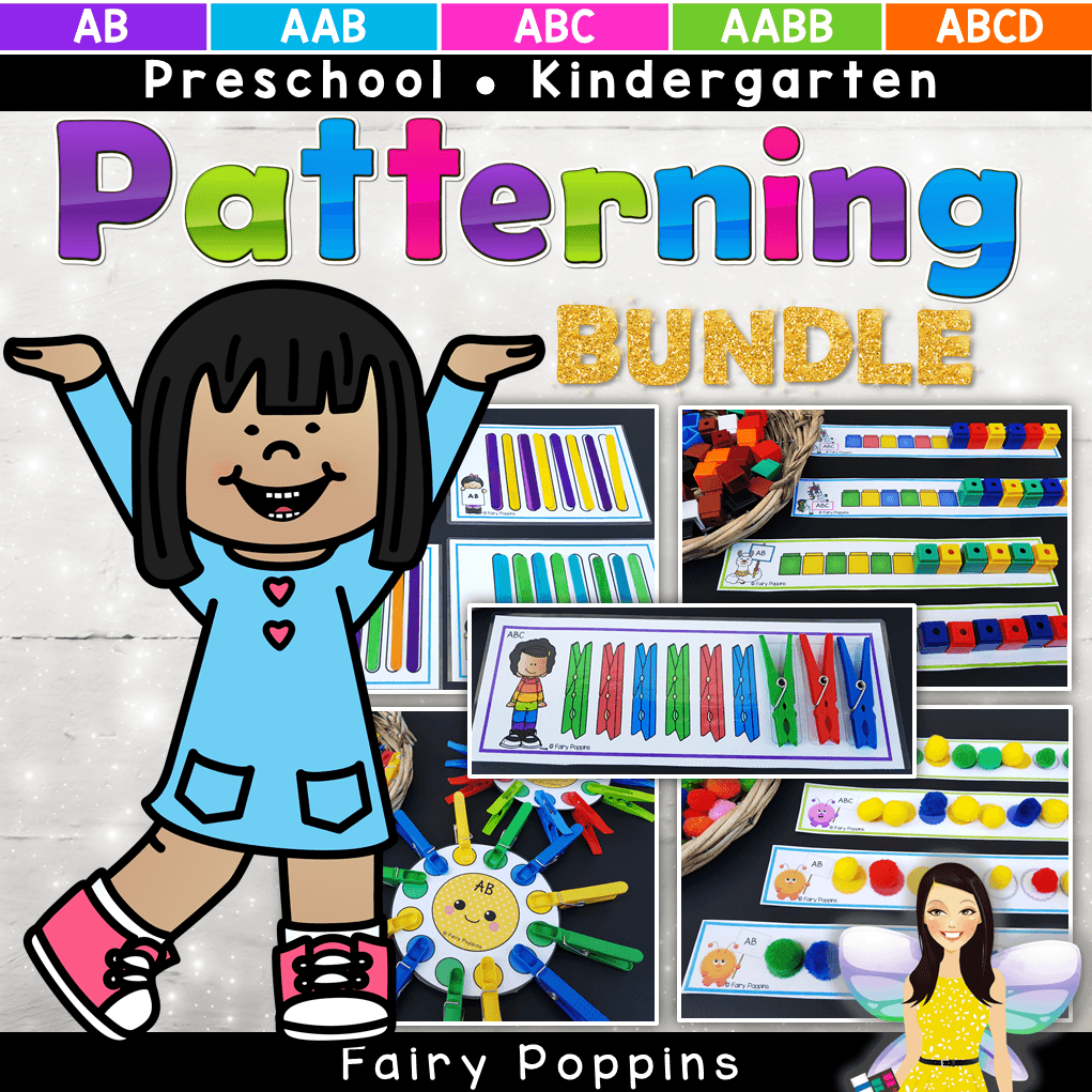 Fun patterning activities for kids in preschool and kindergarten. They use every day items such as pegs, popsicle sticks and pom poms. Great for developing color recognition and fine motor skills too. #fairypoppins #patterning #fairypoppinsresources