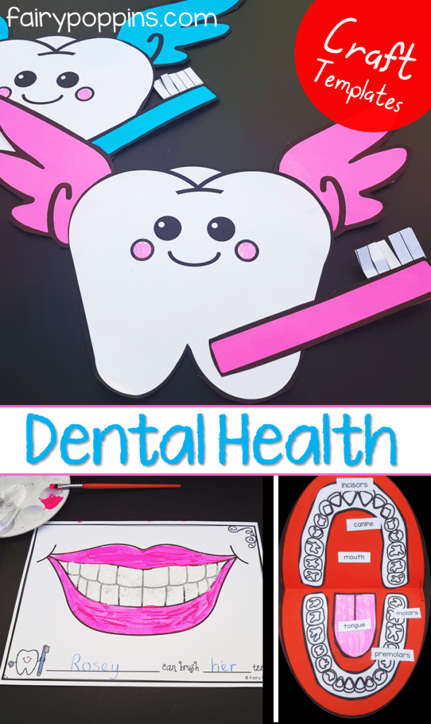 Dental activities for kids in preschool, kindergarten, first grade and second grade. Includes crafts, worksheets and sorting activities. Focuses on topics like brushing teeth, parts of a tooth and nutrition. ~ Fairy Poppins #dentalweek #dentalactivities #teethcrafts