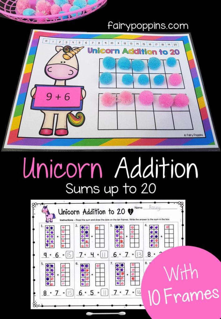 Unicorn addition with ten frames math centers and worksheets. ~ Fairy Poppins