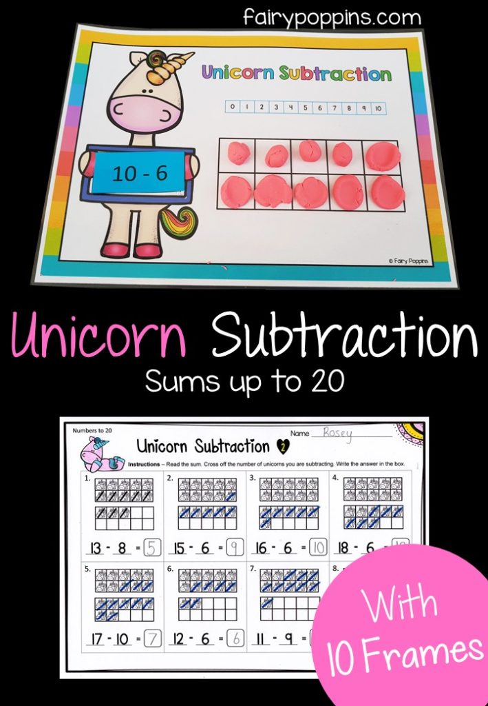 Unicorn subtraction with ten frames math centers and worksheets. ~ Fairy Poppins