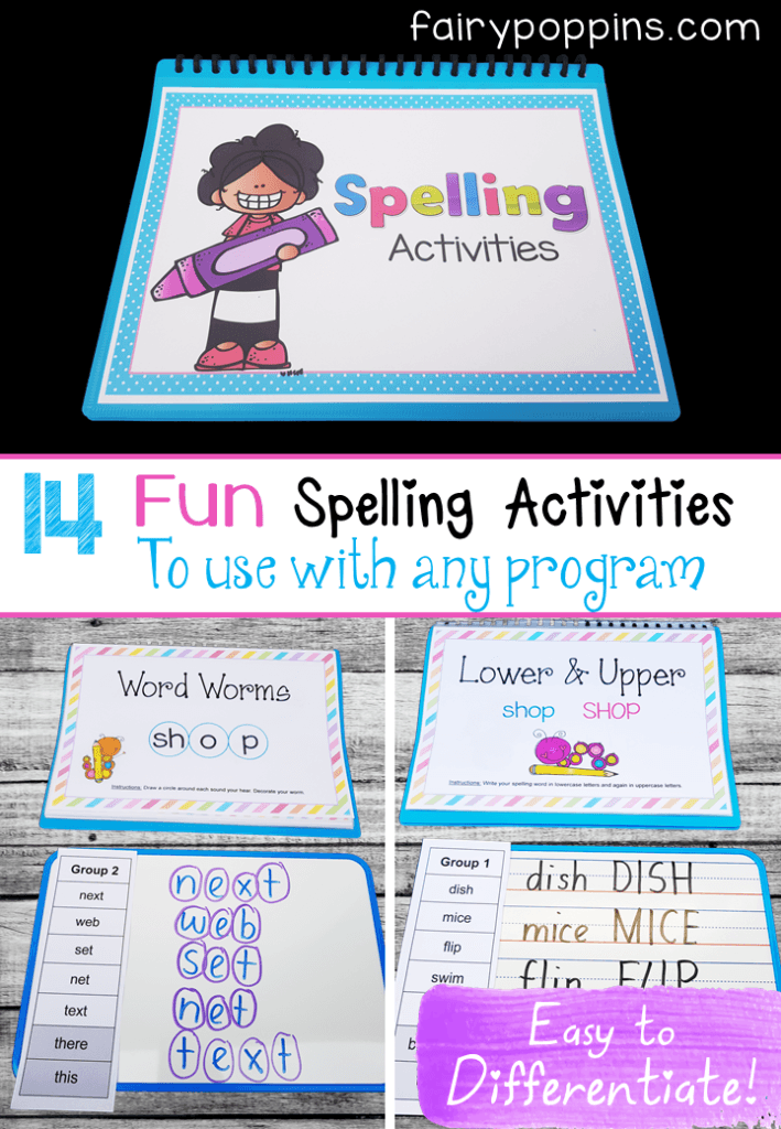 These 14 fun spelling activities can be used with any spelling program. There are printable charts that explain each activity and worksheets too. They make differentiating easy as they can be used with any words. Great for kids in kindergarten and elementary grades. #spellingcenters #spellingactivities #literacycenters #wordwork