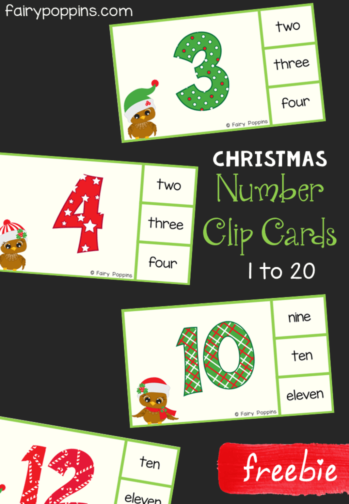 Free Christmas number clip cards. There are counting clip cards and reading numbers clip cards for the numbers 1 to 20. These are great for developing fine motor skills and are a fun addition to Christmas math centers. Perfect for kids in preschool and kindergarten. #Christmasactivities #preschoolmath #kindergartenmath #freeprintables #fairypoppins #fairypoppinsresources