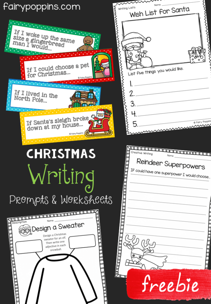 These free Christmas writing prompts and worksheets are great for kids in kindergarten, 1st grade and 2nd grade. There are worksheets for creative story writing, a description and writing lists. There are also eight fun story prompt cards for writing centers. #christmaswriting #literacycenters #writingactivities #fairypoppins #fairypoppinsresources