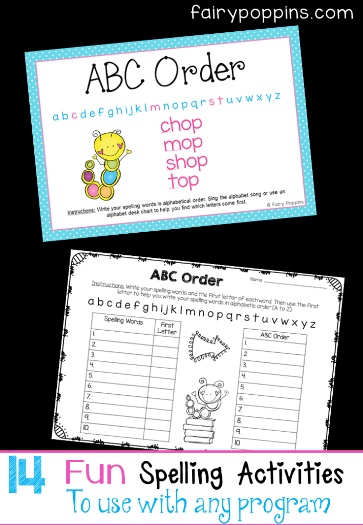 These 14 fun spelling activities can be used with any spelling program. There are printable charts that explain each activity and worksheets too. They make differentiating easy as they can be used with any words. Great for kids in kindergarten and elementary grades. #spellingcenters #spellingactivities #literacycenters #wordwork