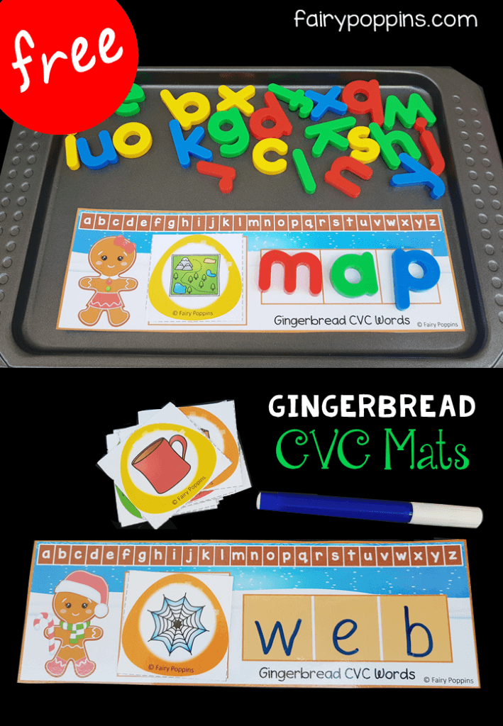 These free gingerbread CVC mats are a fun addition to kndergarten literacy centers. Kids can sound out and spell CVC words using magnetic letters or an erasable marker. #CVCactivities #gingerbreadactivities #literacycenters #literacycentres #fairypoppins #fairypoppinsresources