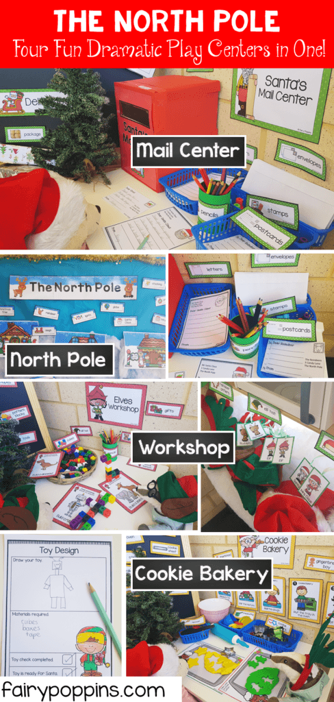 This fun North Pole dramatic center is fun for kids in preschool, kindergarten and 1st grade! There is a mail center, Elve's/ Santa;'s Workshop, Cookie Bakery and a North Pole Center. There are even bonus Polar Express signs and train tickets! The kids can write at the mail center, construct toys in the workshop or make playdough cookies in the cookie bakery! #santasworkshop #Christmasactivities #dramaticplay #pretendplay #literacycenters #fairypoppins #fairypoppinsresources