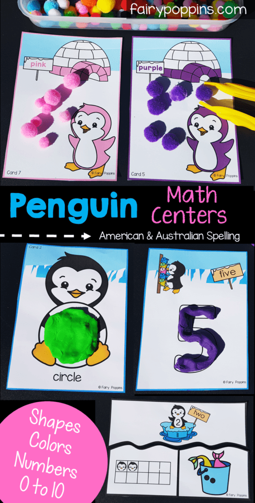 Penguin math centers for kids in preschool and kindergarten. Includes color/ colour matching activities, shape playdough mats, number mats and number sense puzzles. Great for developing fine motor skills too. #preschoolmath #kindergartenmath #penguinmathactivities #penguinactivities #coloractivities #shapeactivities #numberactivities