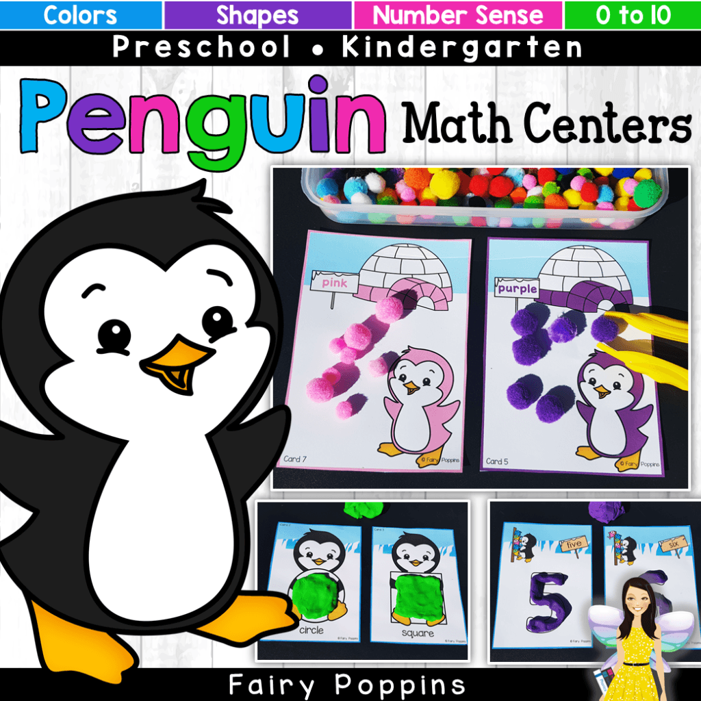 Penguin math centers for kids in preschool and kindergarten. Includes color/ colour matching activities, shape playdough mats, number mats and number sense puzzles. Great for developing fine motor skills too. #preschoolmath #kindergartenmath #penguinmathactivities #penguinactivities #coloractivities #shapeactivities #numberactivities