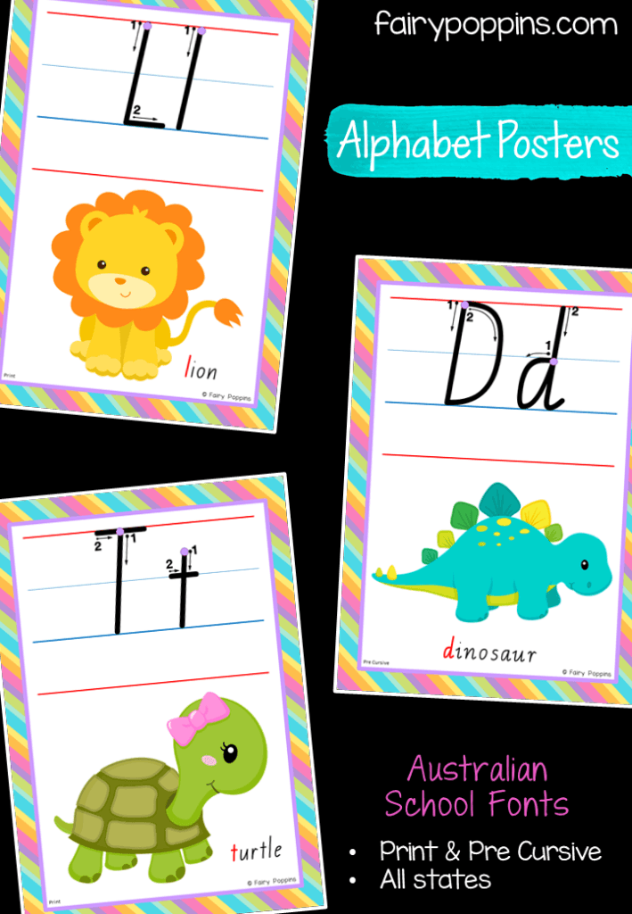 These Australian alphabet charts (posters) come in all of the Australian school fonts. The charts feature a choice of print or pre cursive fonts. Every state is included such as Victorian Modern Cursive, NSW Foundation, SA, QLD and TAS. Available from TPT - Fairy Poppins. #alphabetcharts #alphabetposters #australianalphabetcharts #australianalphabetposters #australianschoolfonts