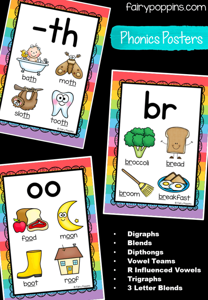 This comprehensive set of over 150 phonics posters includes 3 designs to choose from. The posters cover a range of things such as digraphs, blends, dipthongs, vowel teams, r influenced vowels, trigraphs, and three letter blends. #phonicscharts #phonicsposters #digraphs #dipthongs #blends #endingblends #rinfluencedvowels #bossyr #trigraphs #3letterblends