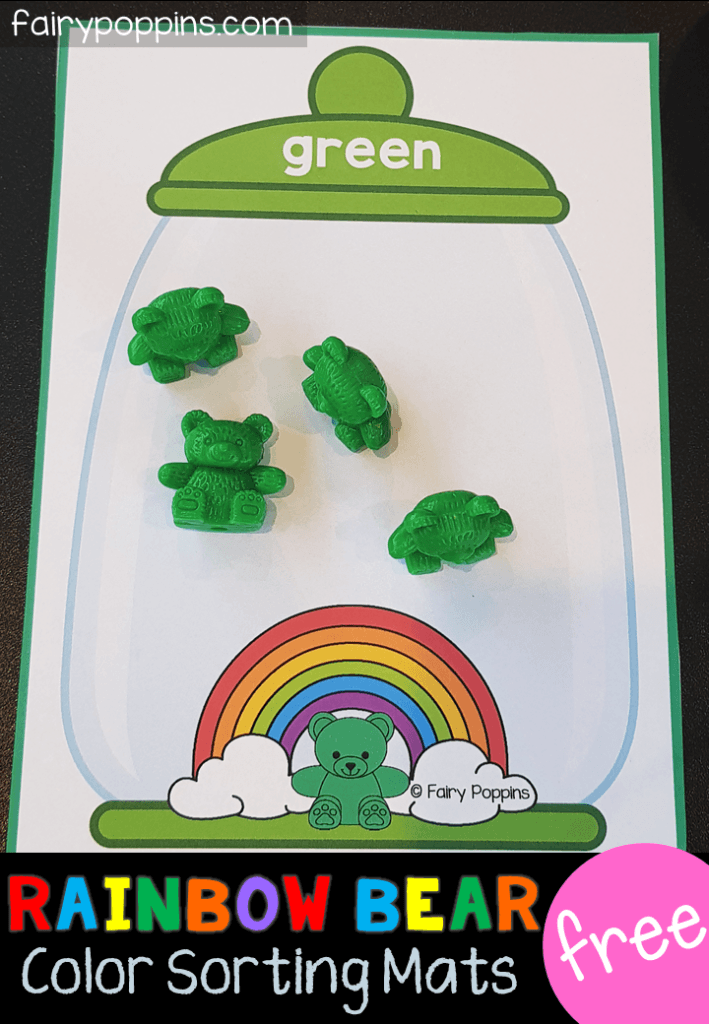 These free rainbow bear sorting mats are great for kids in preschool or kindergarten. Kids can use their fine motor skills to sort rainbow counting bears onto the mats. This activity helps kids learn to identify colors (colours). #preschoolcenters #kindergartencenters #coloractivities #colouractivities #finemotorskills #sortingactivities #bearactivities #countingbearactivities