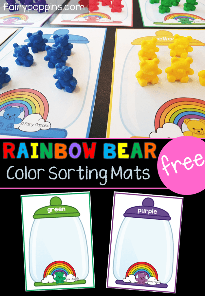 These free rainbow bear sorting mats are great for kids in preschool or kindergarten. Kids can use their fine motor skills to sort rainbow counting bears onto the mats. This activity helps kids learn to identify colors (colours). #preschoolcenters #kindergartencenters #coloractivities #colouractivities #finemotorskills #sortingactivities #bearactivities #countingbearactivities