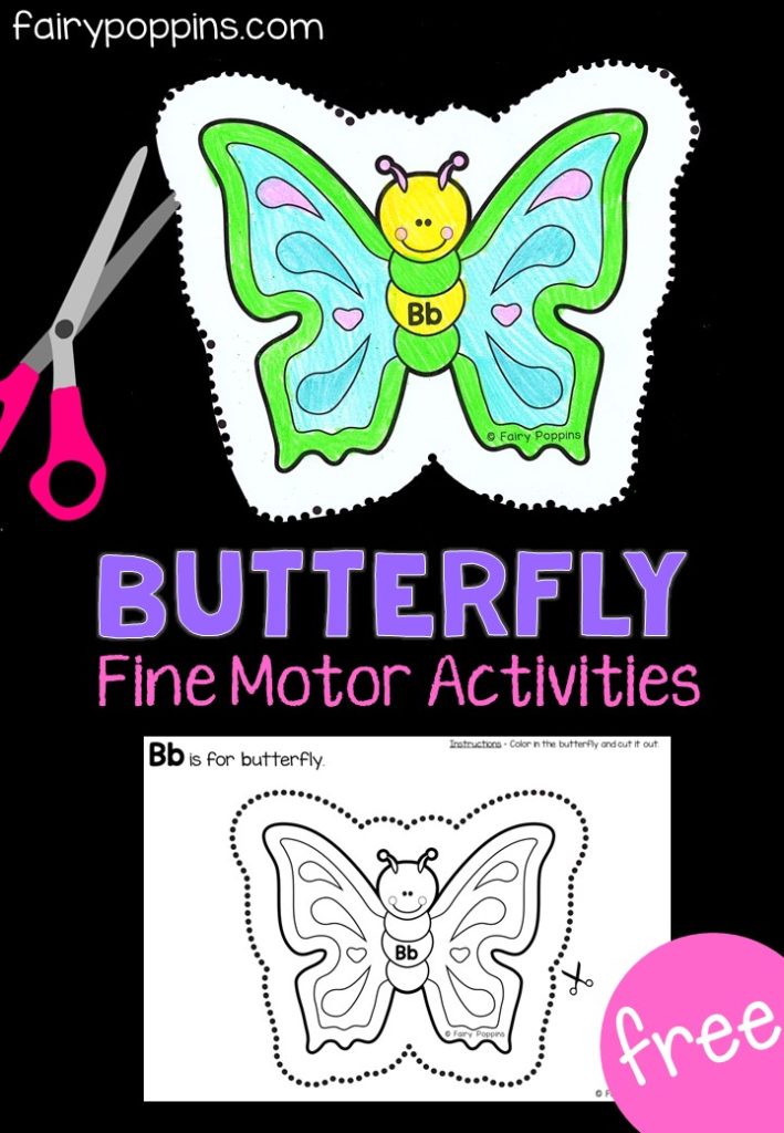 These FREE butterfly activities help kids to develop their fine motor skills. Kids can match colored pom poms to the mats, use erasable markers to trace the pencil control lines or color and cut out the butterfly. These activities are great for kids in Preschool and Kindergarten. They also make fun additions to spring centers or bug themed centers. #springactivities #butterflyactivities #finemotoractivities #pompommats #pencilcontrol #cuttingpractice #fairypoppins #fairypoppinsresources