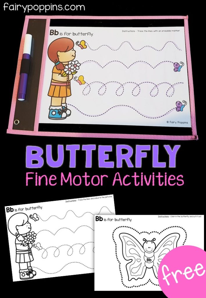 These FREE butterfly activities help kids to develop their fine motor skills. Kids can match colored pom poms to the mats, use erasable markers to trace the pencil control lines or color and cut out the butterfly. These activities are great for kids in Preschool and Kindergarten. They also make fun additions to spring centers or bug themed centers. #springactivities #butterflyactivities #finemotoractivities #pompommats #pencilcontrol #cuttingpractice #fairypoppins #fairypoppinsresources