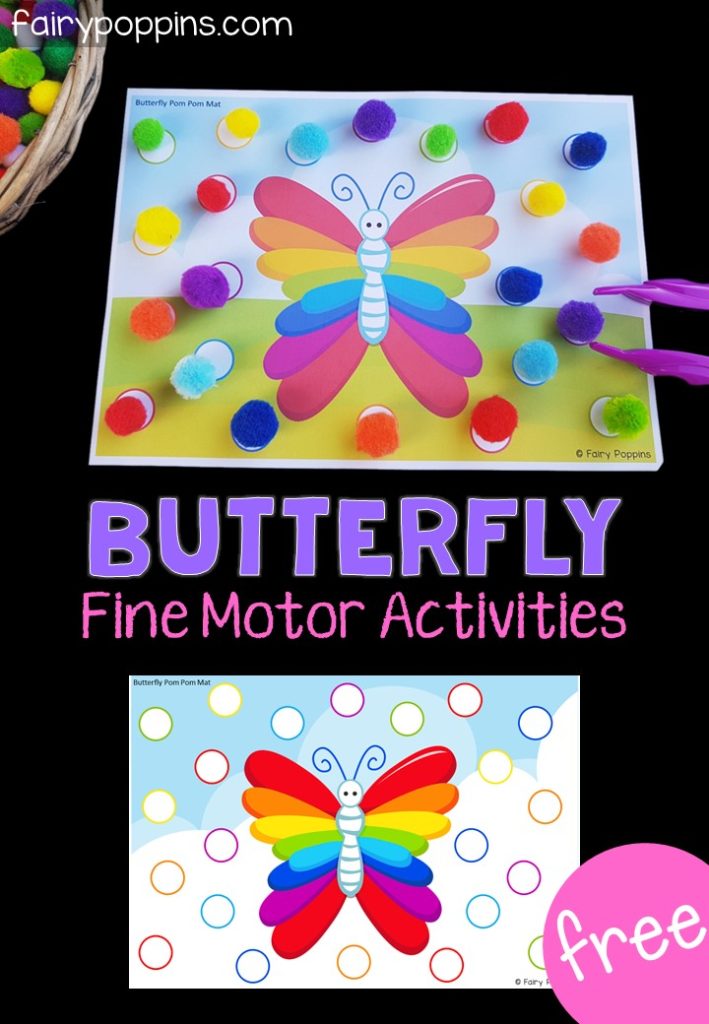 These FREE butterfly activities help kids to develop their fine motor skills. Kids can match colored pom poms to the mats, use erasable markers to trace the pencil control lines or color and cut out the butterfly. These activities are great for kids in Preschool and Kindergarten. They also make fun additions to spring centers or bug themed centers. #springactivities #butterflyactivities #finemotoractivities #pompommats #pencilcontrol #cuttingpractice #fairypoppins #fairypoppinsresources