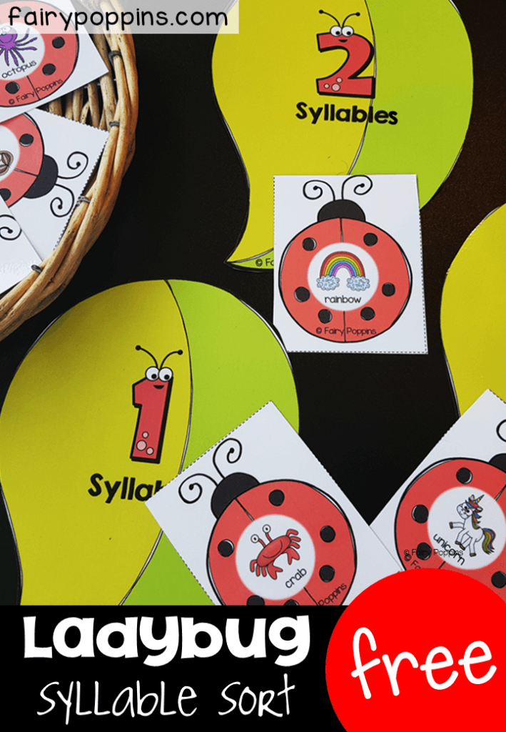 This free ladybug syllable activity helps develop kids phonological awareness. It focuses on sorting words with one to three syllables. Kids clap the number of syllables on the ladybug card and then place it on the matching syllable leaf. #ladybugactivities #syllableactivities #syllablegames #phonologicalawareness #ladybirdactivities #preschoollcenters #kindergartencenters