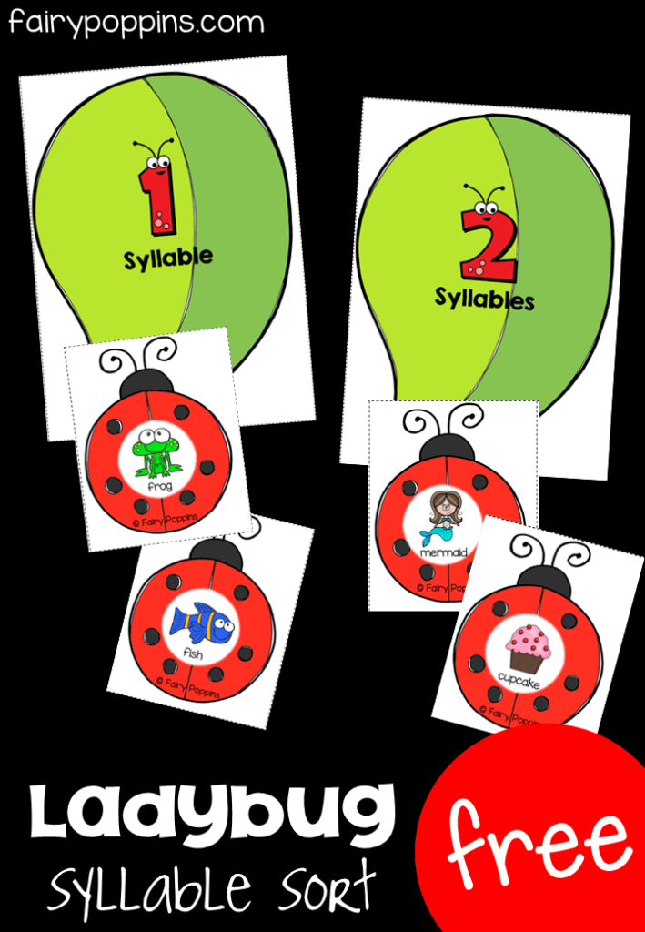 This free ladybug syllable activity helps develop kids phonological awareness. It focuses on sorting words with one to three syllables. Kids clap the number of syllables on the ladybug card and then place it on the matching syllable leaf. #ladybugactivities #syllableactivities #syllablegames #phonologicalawareness #ladybirdactivities #preschoollcenters #kindergartencenters