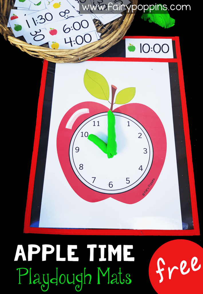 Free time activities featuring a cute apple theme. Perfect for kindergarten, first grade or second grade math centers. Kids can make the time using playdough or erasable markers. The focus is on telling time to o'clock, half past, quarter past and quarter too. There are also some blank time cards for you to write other times. #timeactivities #kindergartenmath #firstgrademath #secondgrademath #appleactivities #mathcenters #measurementactivities