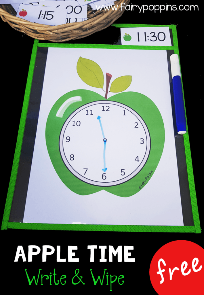 Free time activities featuring a cute apple theme. Perfect for kindergarten, first grade or second grade math centers. Kids can make the time using playdough or erasable markers. The focus is on telling time to o'clock, half past, quarter past and quarter too. There are also some blank time cards for you to write other times. #timeactivities #kindergartenmath #firstgrademath #secondgrademath #mathcenters #measurementactivities #appleactivities